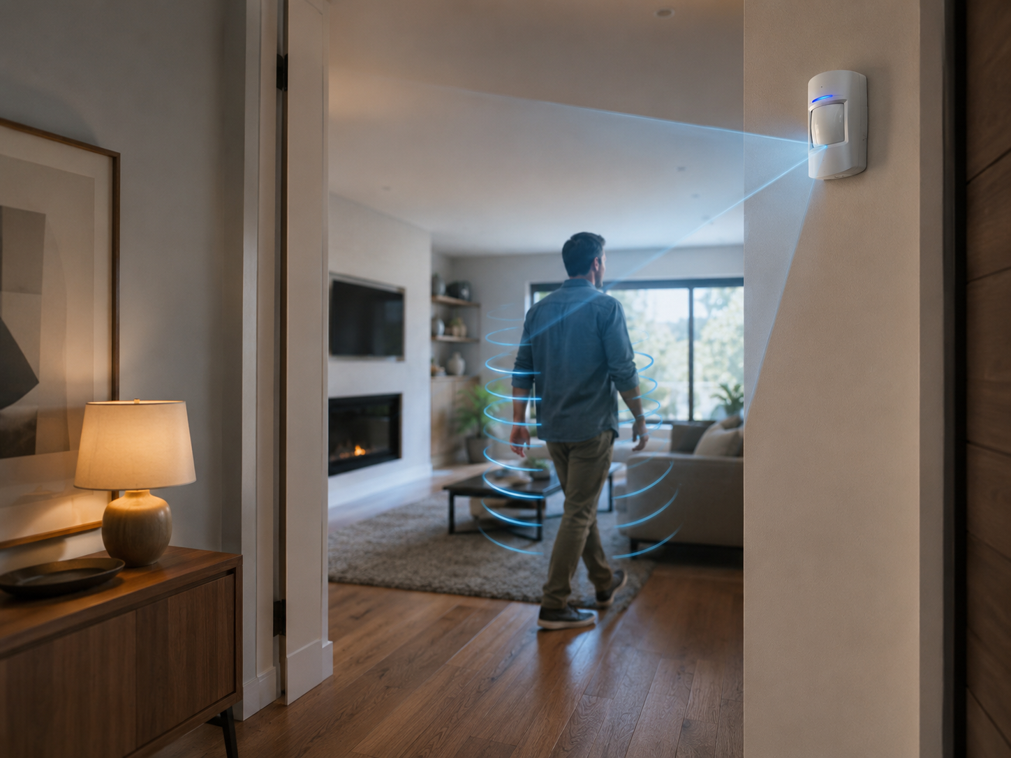 Motion sensor alarm protecting a home