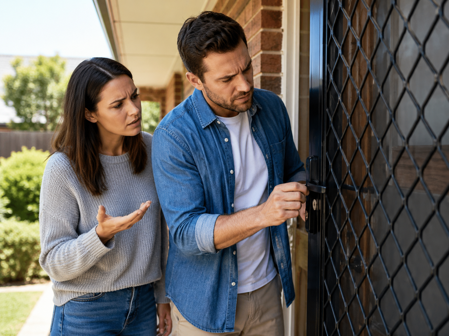 Couple checking a security screen door lock