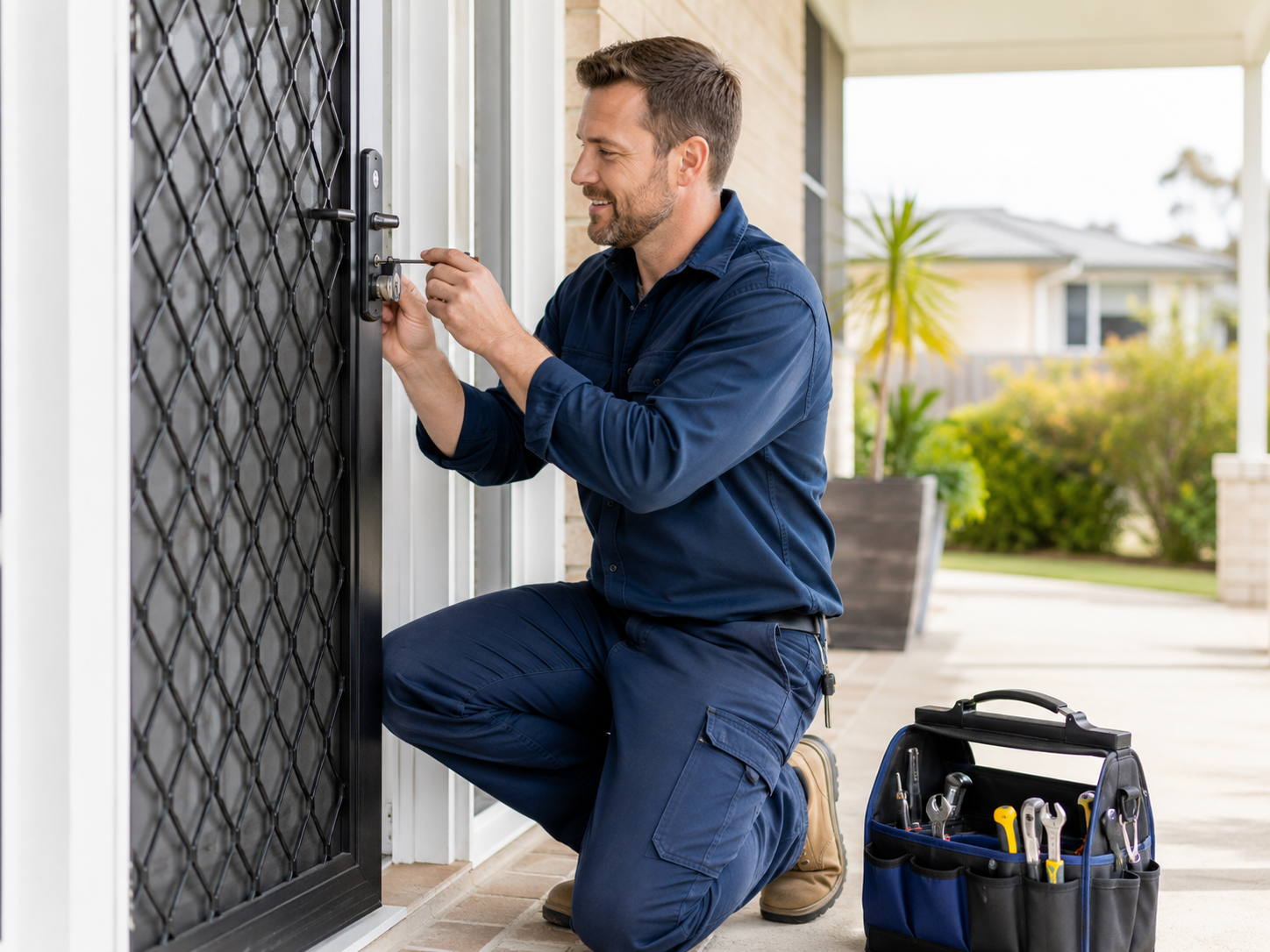 Locksmith repairing a security screen door lock